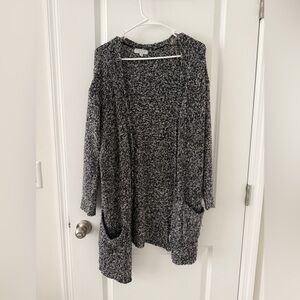 Open-Front Black & White Marled Pocket Cardigan